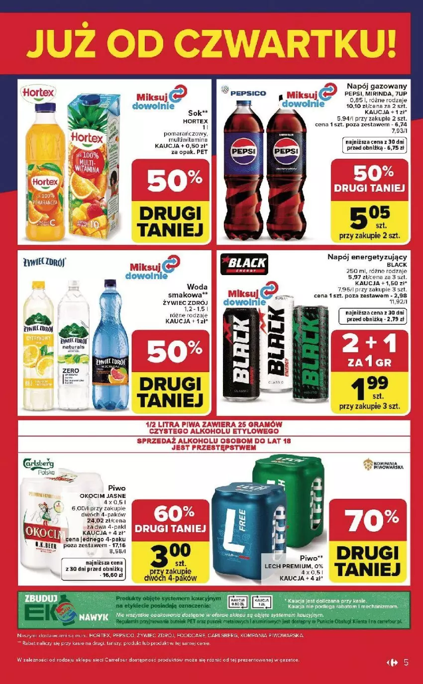Gazetka promocyjna Carrefour - Gazetka Weekend okazji już od czwartku! - ważna 23.04 do 26.04.2026 - strona 5 - produkty: 7up, Carlsberg, Fa, Hortex, Koc, Lack, Lech Premium, Mirinda, Napój, Napój gazowany, Okocim, Pepsi, Piwa, Piwo, Por, Sok, Woda