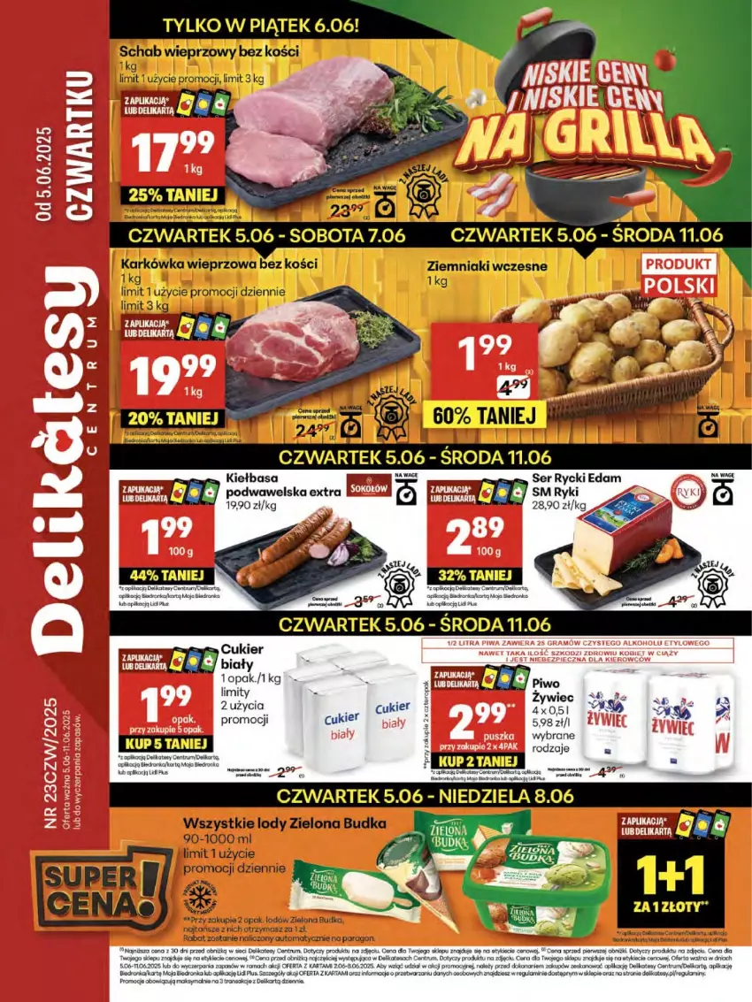 Gazetka promocyjna Delikatesy Centrum - Franczyza DC23 Czwartek - ważna 05.06 do 11.06.2025 - strona 1 - produkty: Cukier, Kiełbasa, Koc, LG, Orka, Piec, Piwo, Rama, Rum, Tran, Wawel