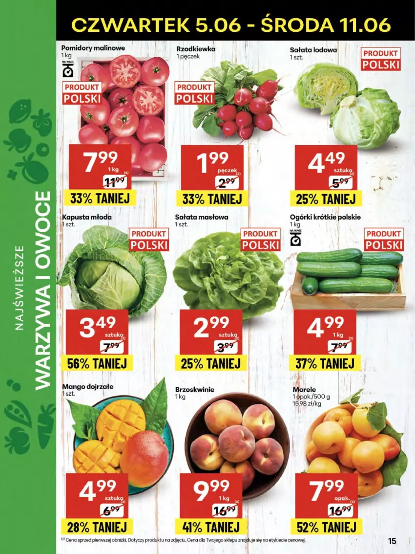 Gazetka promocyjna Delikatesy Centrum - Franczyza DC23 Czwartek - ważna 05.06 do 11.06.2025 - strona 15 - produkty: Brzoskwinie, Mango, Masło, Owoce, Pomidory, Rzodkiewka, Sałat, Sałata lodowa, Sałata masłowa, Warzywa, Warzywa i owoce