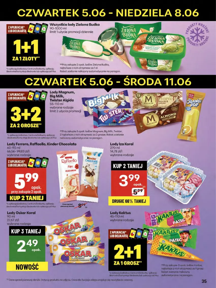 Gazetka promocyjna Delikatesy Centrum - Franczyza DC23 Czwartek - ważna 05.06 do 11.06.2025 - strona 35 - produkty: Algida, Big Milk, Fa, Ferrero, Kaktus, Kinder, LG, Lody, Raffaello, Rum, Zielona Budka