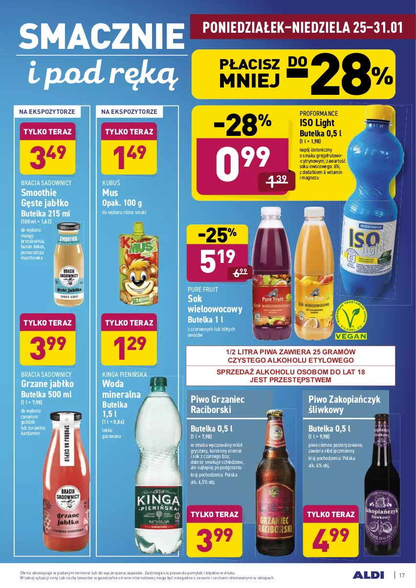 Gazetka promocyjna Aldi - ALE! CENA - ważna 25.01 do 31.01.2021 - strona 17 - produkty: Gra, Grejpfrut, Gry, Kokos, Kubuś, Magnez, Mango, Marchewka, Miód, Mus, Napój, Napój izotoniczny, Piwa, Piwo, Pur, Smoothie, Sok, Sok z czarnego bzu, Tera, Woda, Woda mineralna