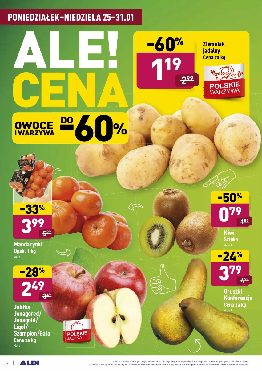 Gazetka promocyjna Aldi - ALE! CENA - ważna 25.01 do 31.01.2021 - strona 2 - produkty: Gala, Gruszki, Jabłka, Jonagold, Kiwi, Ligol, Mandarynki, Owoce, Szampion, Warzywa