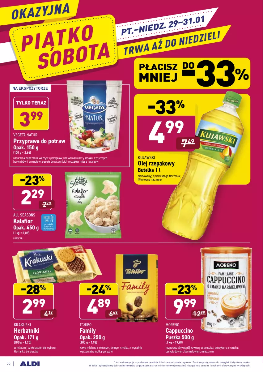 Gazetka promocyjna Aldi - ALE! CENA - ważna 25.01 do 31.01.2021 - strona 22 - produkty: All Seasons, Cappuccino, Fa, Herbatniki, Kalafior, Kawa, Kawa mielona, Krakus, Krakuski, Kujawski, Mieszanka warzyw, Napój, Olej, Olej rzepakowy, Przyprawa do potraw, Ser, Tchibo, Tera, Vegeta, Vegeta Natur