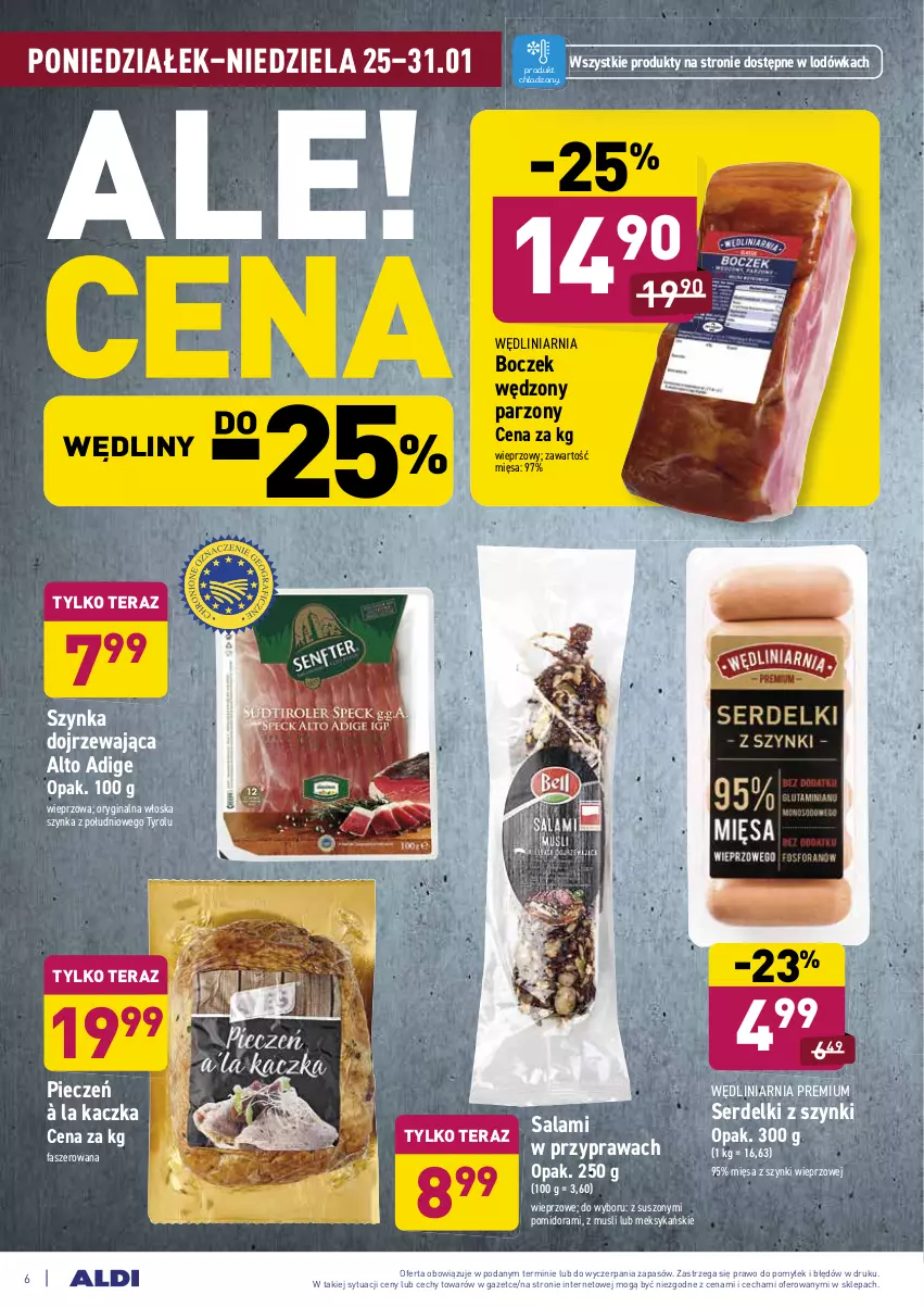 Gazetka promocyjna Aldi - ALE! CENA - ważna 25.01 do 31.01.2021 - strona 6 - produkty: Boczek, Fa, Gin, Kaczka, Lodówka, Mus, Piec, Salami, Ser, Serdelki, Szynka, Tera