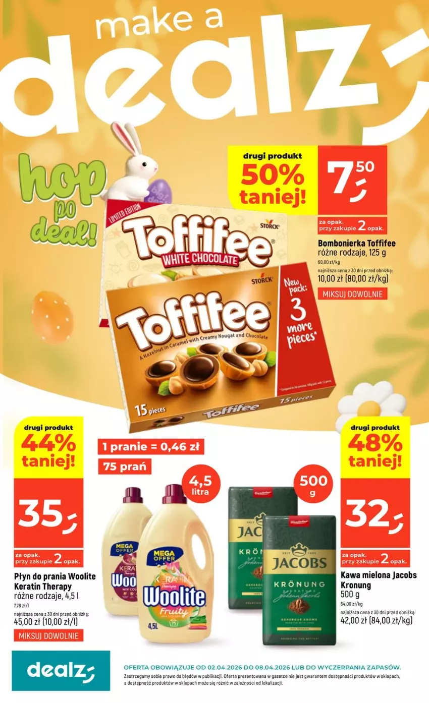 Gazetka promocyjna Dealz - NOWA GAZETKA - ważna 02.04 do 08.04.2026 - strona 1 - produkty: Jacobs, Kawa, Kawa mielona, Płyn do prania, Toffifee, Woolite