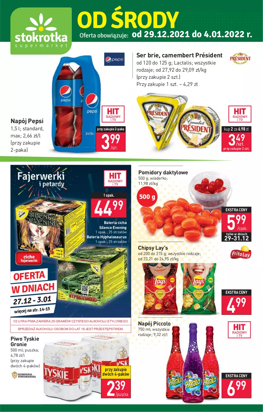 Gazetka promocyjna Stokrotka - Supermarket - ważna 29.12.2021 do 04.01.2022 - strona 1 - produkty: Bateria, Brie, Camembert, Chipsy, Gin, Gra, Halo, Lay’s, Napój, Pepsi, Piwa, Piwo, Pomidory, Président, Ser, Strzałów, Tyskie