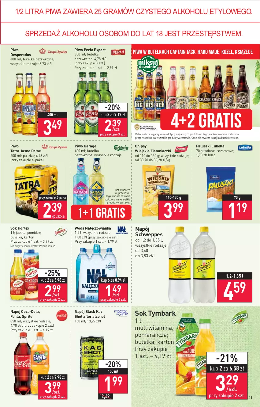 Gazetka promocyjna Stokrotka - Supermarket - ważna 29.12.2021 do 04.01.2022 - strona 11 - produkty: Bell, Bella, Captain Jack, Chipsy, Coca-Cola, Desperados, Fa, Fanta, Gra, Hortex, Kozel, Lack, Lubella, Nałęczowianka, Napój, Perła, Piwa, Piwo, Por, Schweppes, Sezam, Sok, Sprite, Tatra, Tymbark, Woda