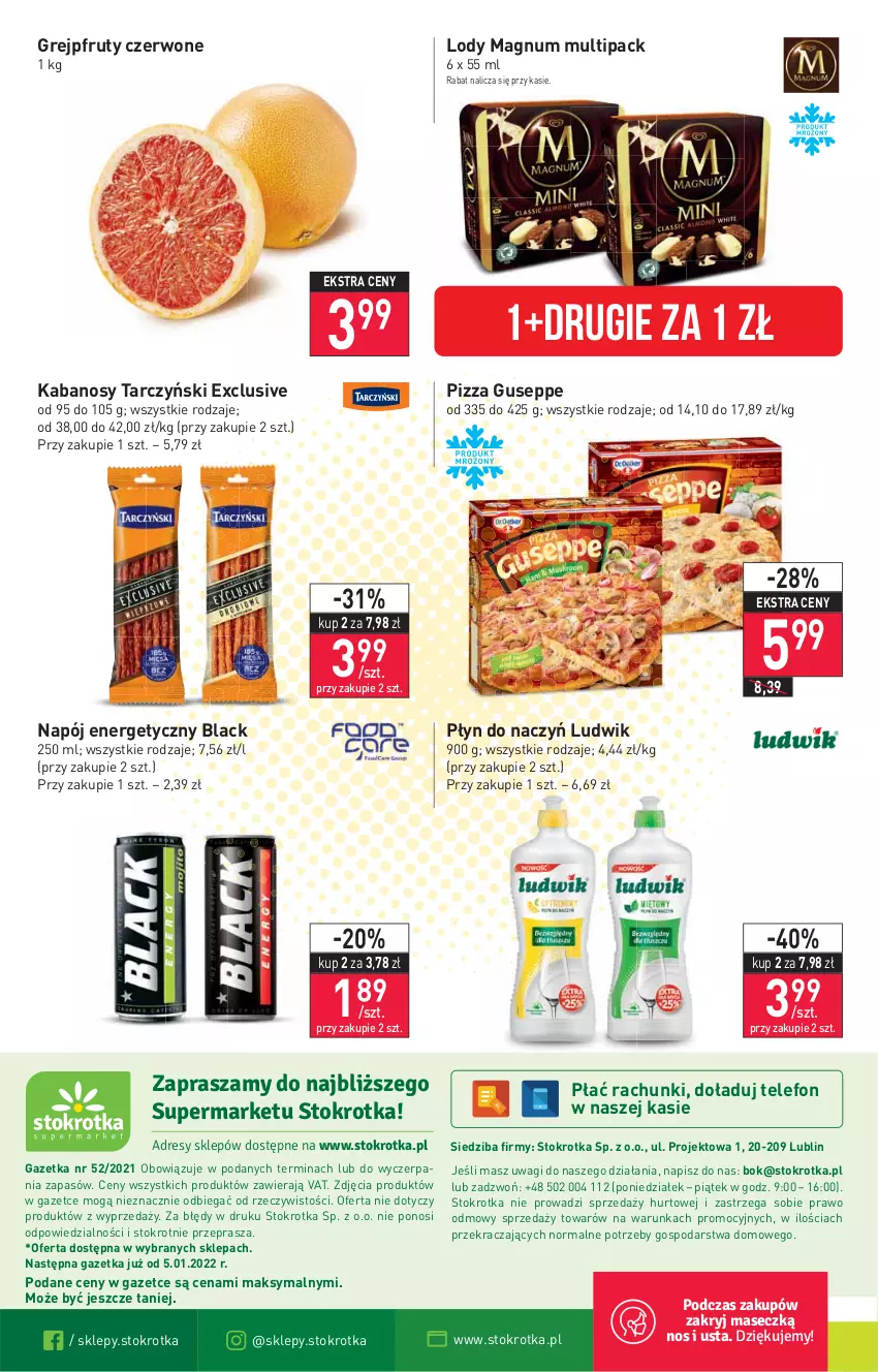 Gazetka promocyjna Stokrotka - Supermarket - ważna 29.12.2021 do 04.01.2022 - strona 16 - produkty: Grejpfrut, Kabanos, Lack, Lody, Ludwik, Napój, Napój energetyczny, O nas, Pizza, Tarczyński, Telefon, Wagi