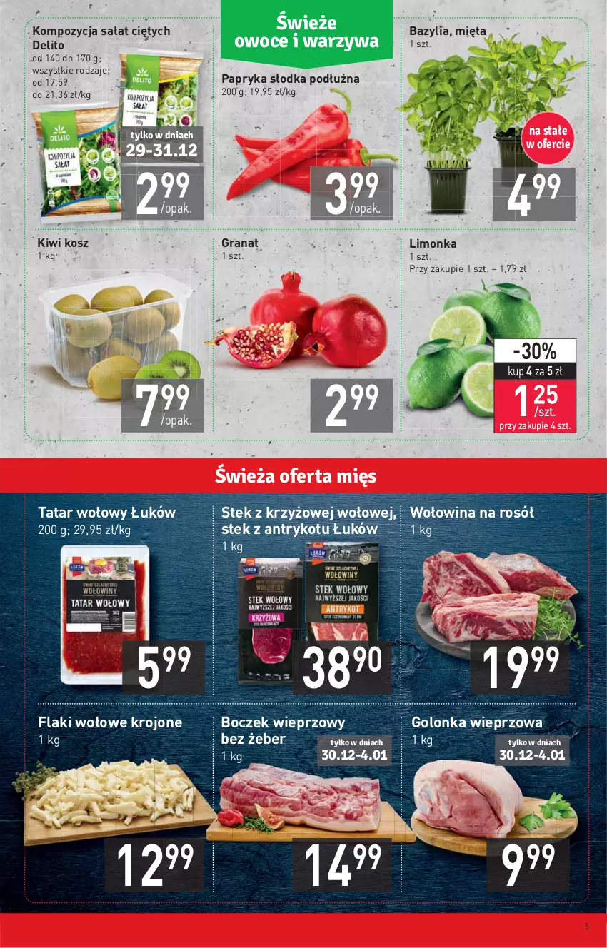 Gazetka promocyjna Stokrotka - Supermarket - ważna 29.12.2021 do 04.01.2022 - strona 5 - produkty: Bazyl, Bazylia, Boczek, Boczek wieprzowy, Flaki, Flaki wołowe, Golonka wieprzowa, Gra, Granat, Kiwi, Kosz, Limonka, Mięta, Papryka, Papryka słodka, Rosół, Sałat, Stek, Tatar wołowy, Wołowina