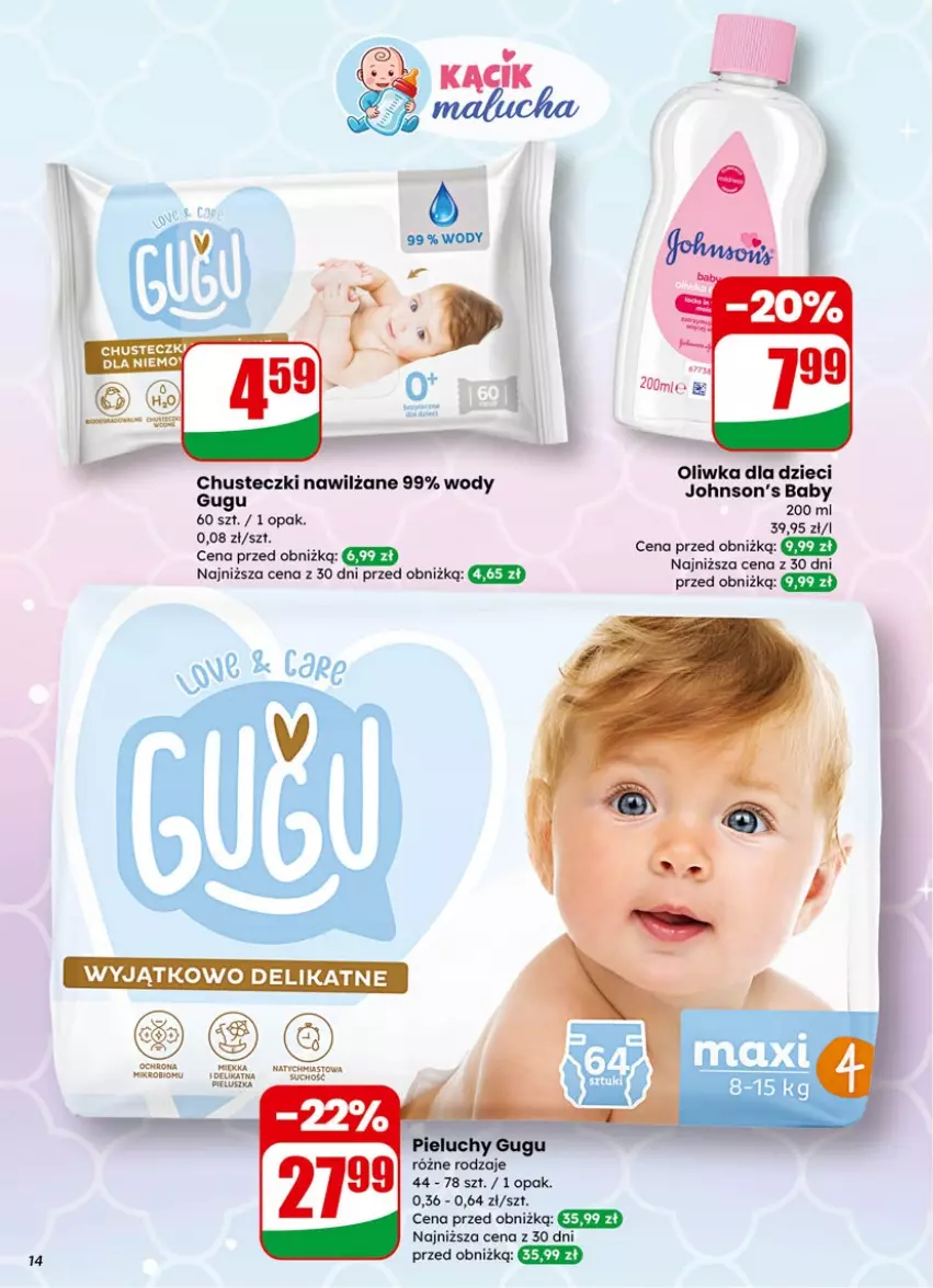 Gazetka promocyjna Dino - Gazetka 02 / 2026 - ważna 07.01 do 13.01.2026 - strona 14 - produkty: Chusteczki, Dzieci, Johnson's, Johnson's Baby, Oliwka dla dzieci, Pieluchy