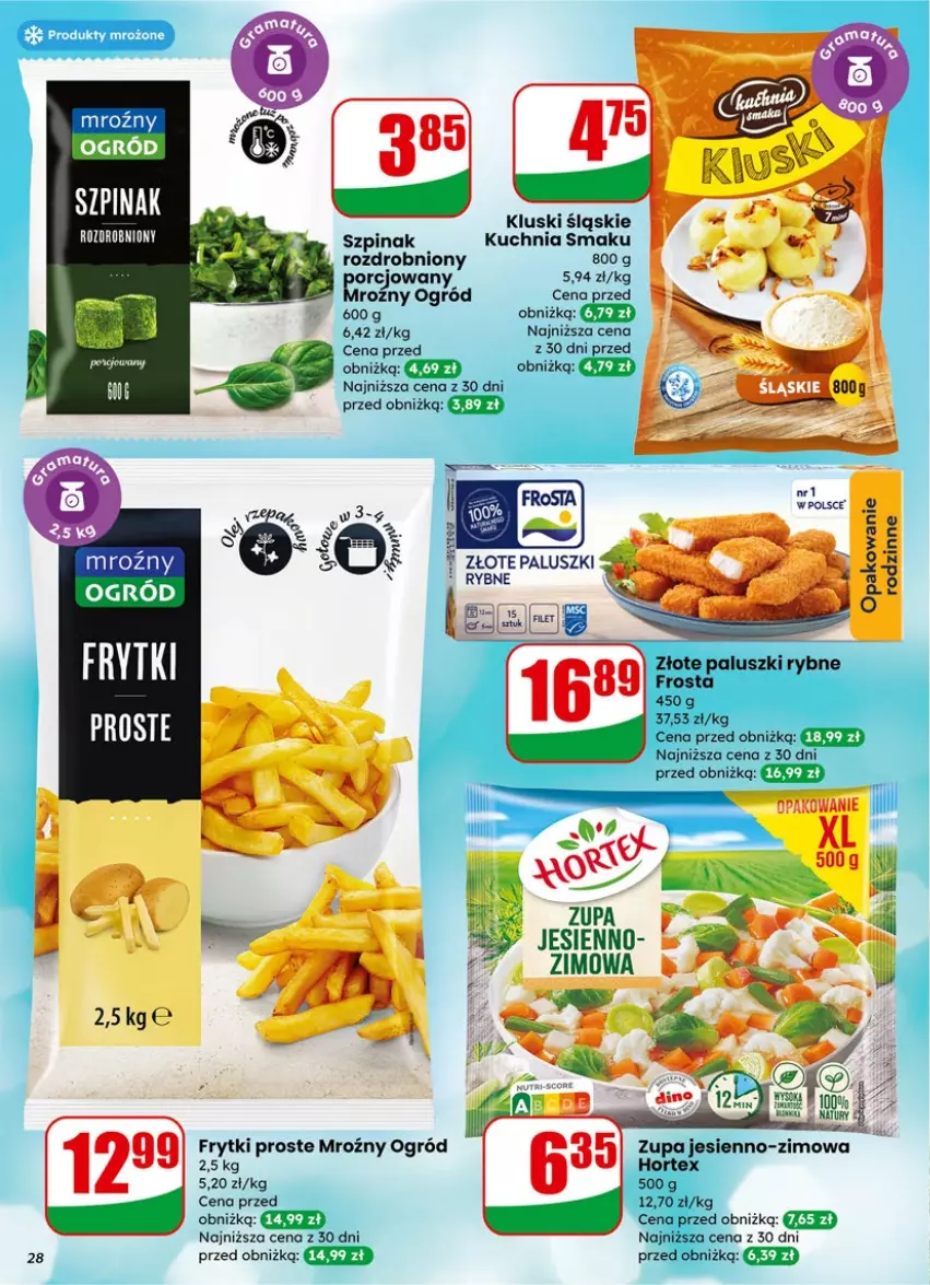 Gazetka promocyjna Dino - Gazetka 02 / 2026 - ważna 07.01 do 13.01.2026 - strona 28 - produkty: Frosta, Frytki, Hortex, Kuchnia, Ogród, Paluszki rybne, Szpinak, Zupa