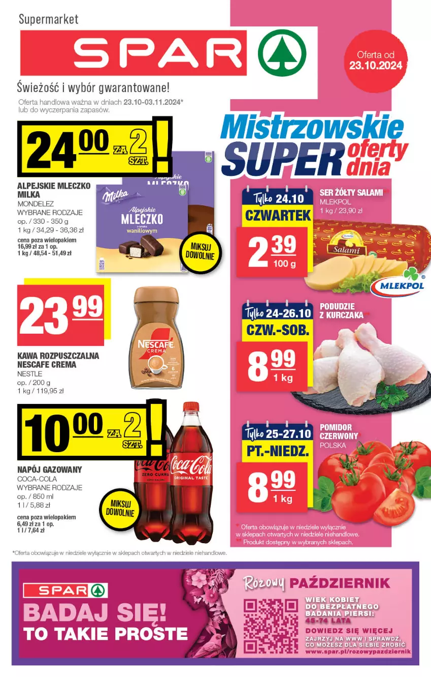 Gazetka promocyjna Spar - Spar - ważna 21.10 do 31.10.2024 - strona 1 - produkty: Coca-Cola, Kawa, Kawa rozpuszczalna, Milka, Mleczko