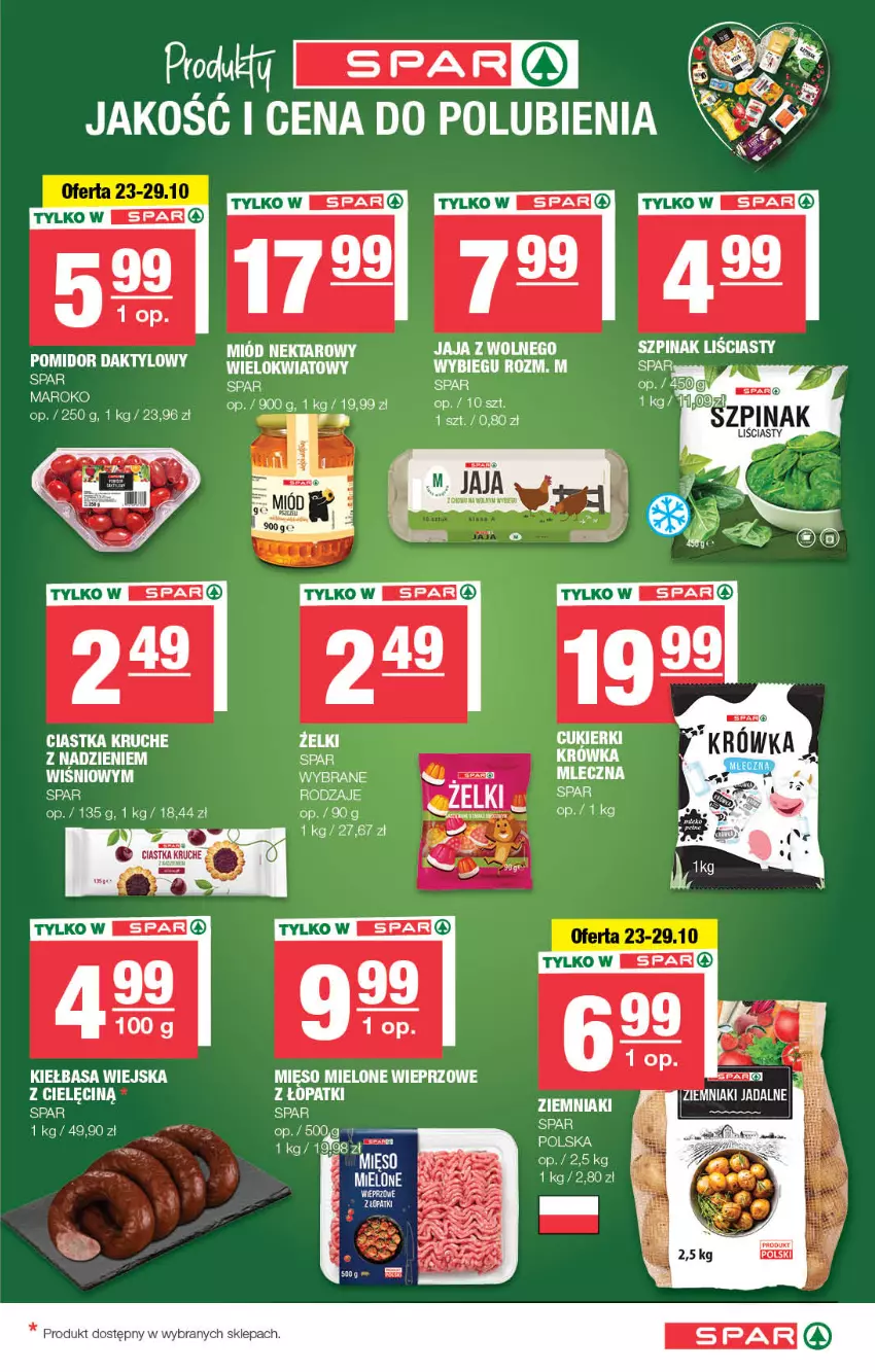 Gazetka promocyjna Spar - Spar - ważna 21.10 do 31.10.2024 - strona 5 - produkty: Ciastka, Fa, Kiełbasa, Kiełbasa wiejska, Mięso, Mięso mielone, Szpinak, Ziemniaki