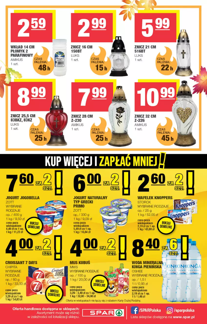 Gazetka promocyjna Spar - Spar - ważna 21.10 do 31.10.2024 - strona 8 - produkty: 7 Days, Bell, Bella, Croissant, Jogobella, Jogurt, Jogurt naturalny, Knoppers, Kubuś, Mus, Oshee, Wafelek, Woda, Znicz, Zott