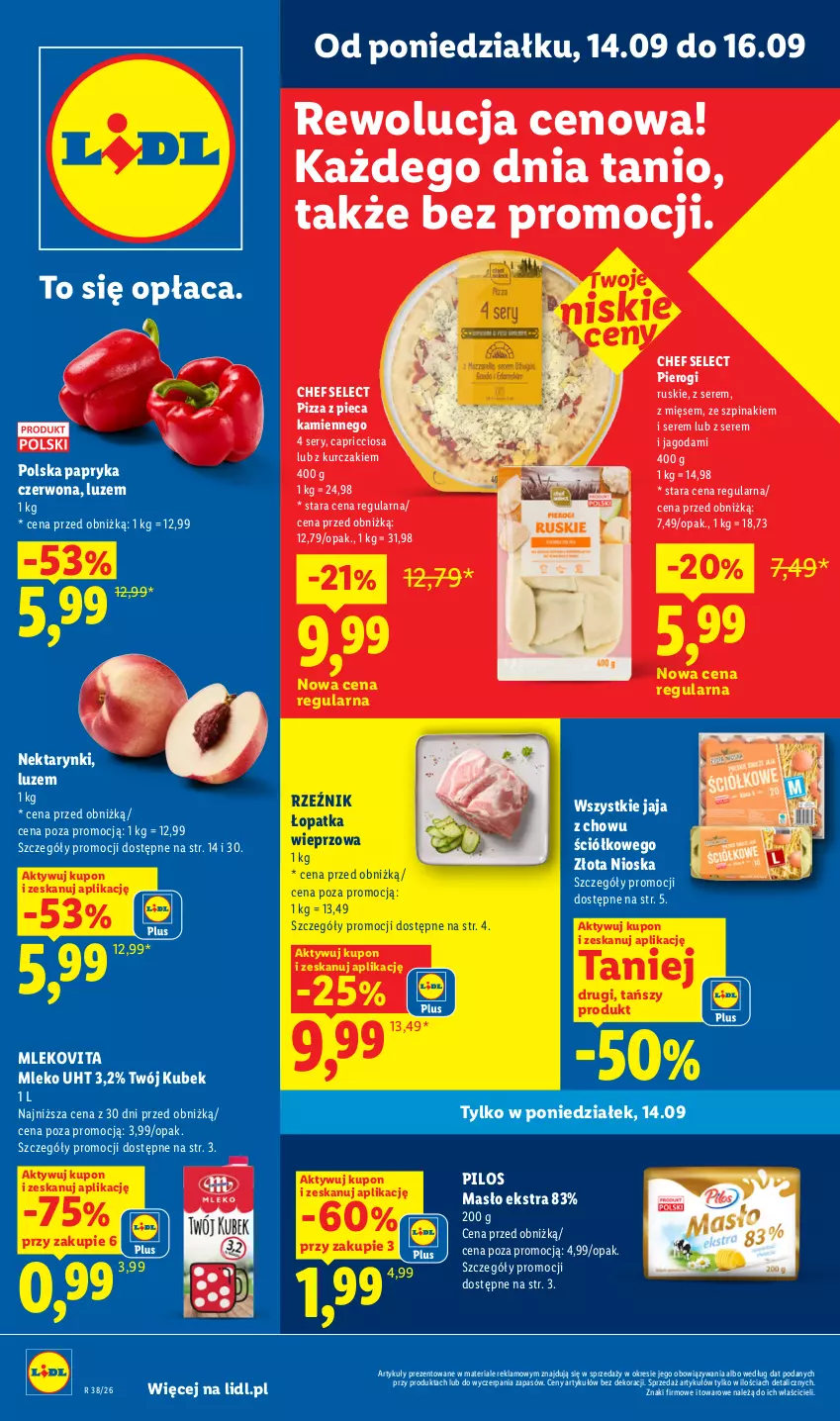 Gazetka promocyjna Lidl - Gazetka ważna od 14.09 do 16.09 - ważna 14.09 do 16.09.2026 - strona 1 - produkty: Jaja, Kubek, Kurczak, Masło, Mleko, Mlekovita, Nektar, Papryka, Papryka czerwona, Piec, Pierogi, Pilos, Pizza, Pizza z pieca kamiennego, Ser, Szpinak