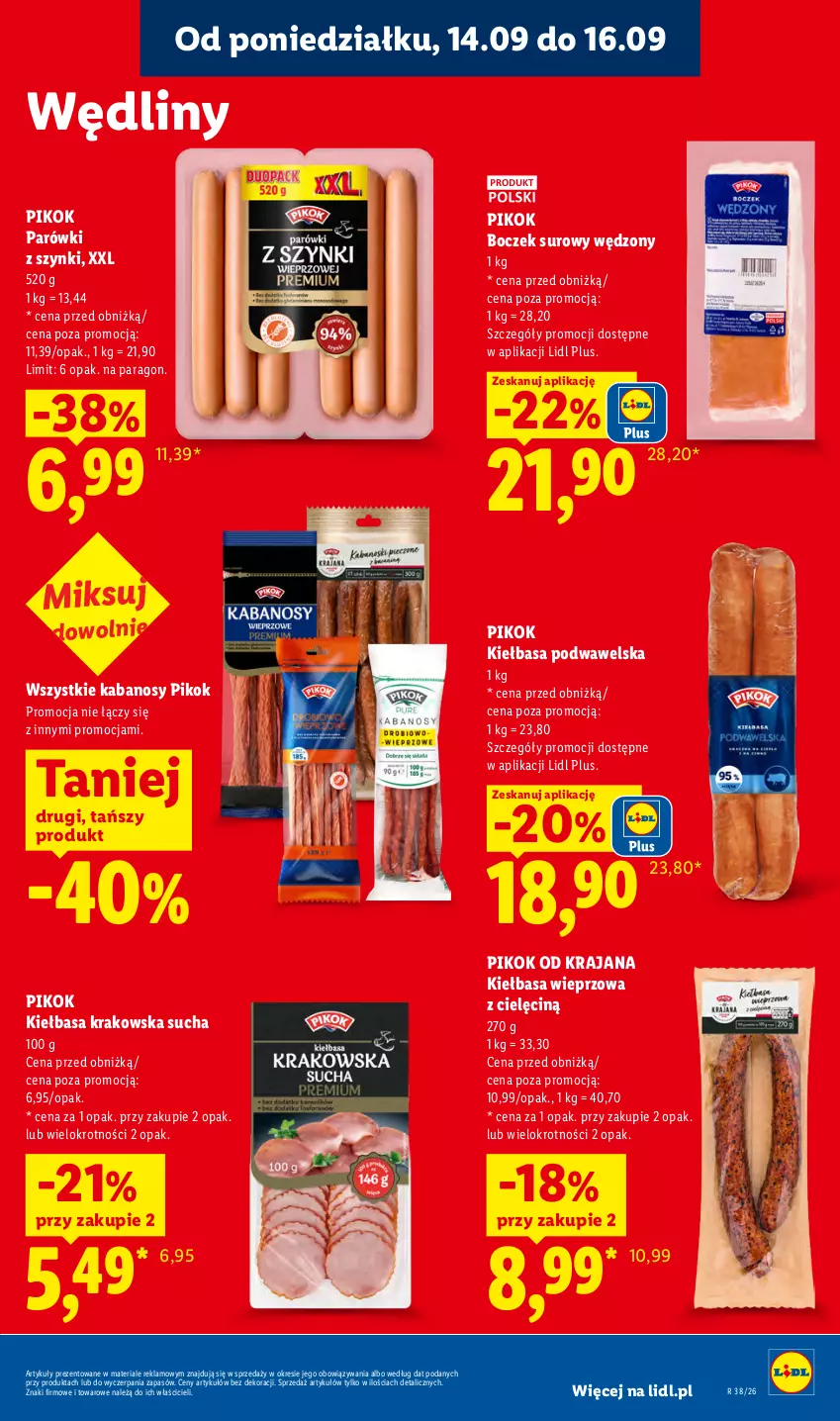 Gazetka promocyjna Lidl - Gazetka ważna od 14.09 do 16.09 - ważna 14.09 do 16.09.2026 - strona 39 - produkty: Boczek, Kabanos, Kiełbasa, Kiełbasa krakowska, Kiełbasa podwawelska, Parówki, Parówki z szynki, PIKOK, Wawel