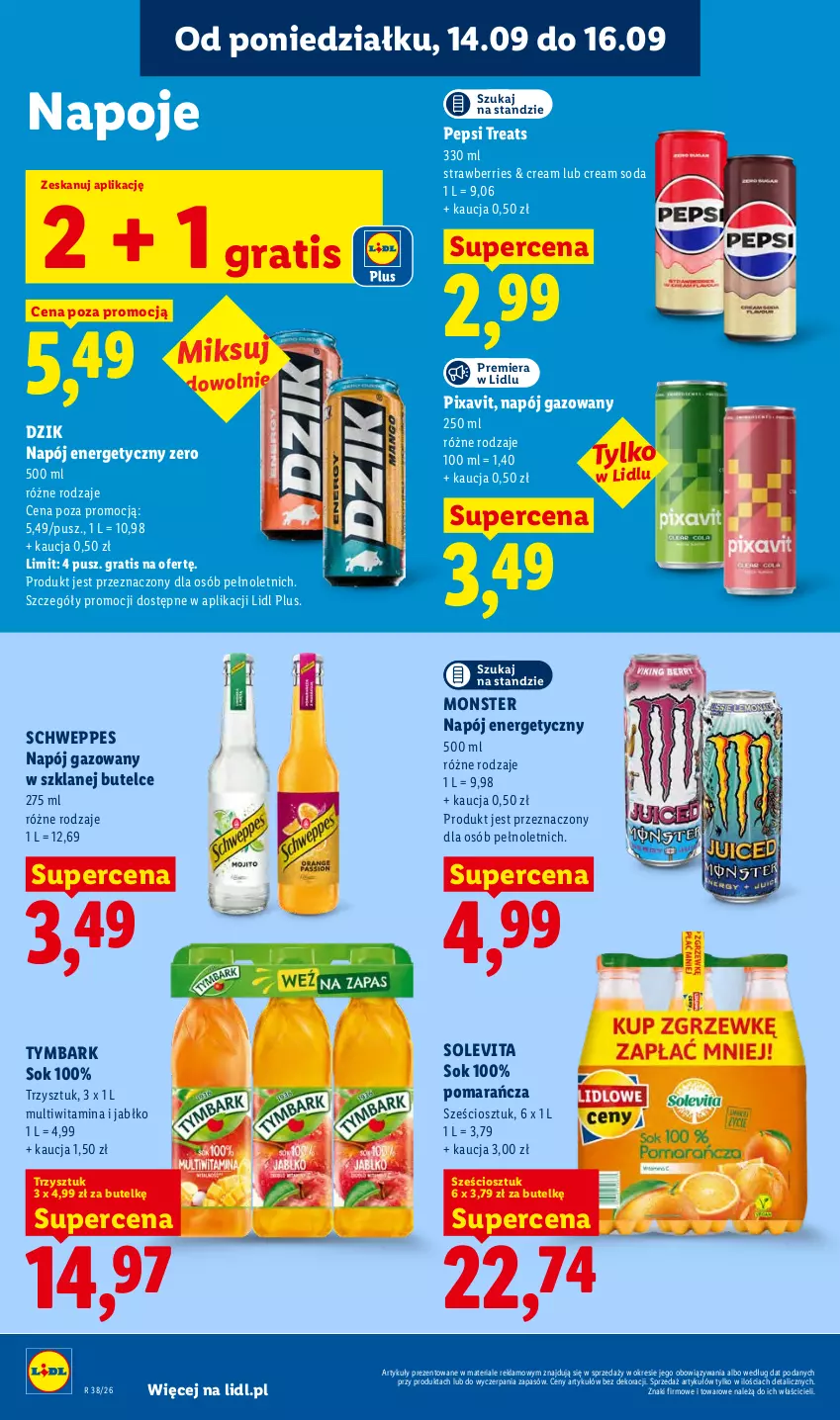 Gazetka promocyjna Lidl - Gazetka ważna od 14.09 do 16.09 - ważna 14.09 do 16.09.2026 - strona 60 - produkty: Gra, Napój, Napój energetyczny, Napój gazowany, Napoje, Pepsi, Schweppes, Sok, Tymbark