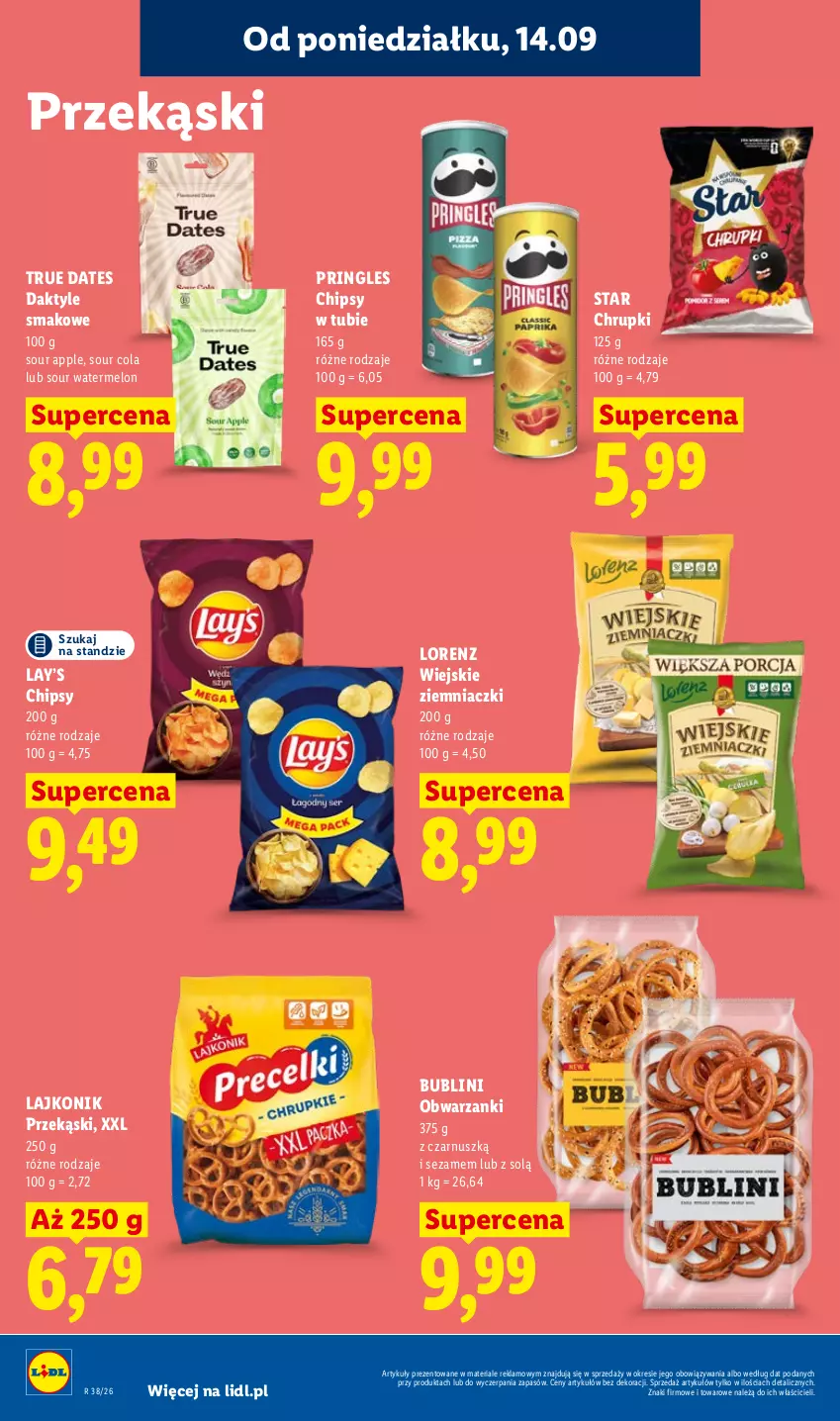 Gazetka promocyjna Lidl - Gazetka ważna od 14.09 do 16.09 - ważna 14.09 do 16.09.2026 - strona 64 - produkty: Chipsy, Chrupki, Daktyle, Lajkonik, Lay’s, Lorenz, Melon, Pringles, Sezam