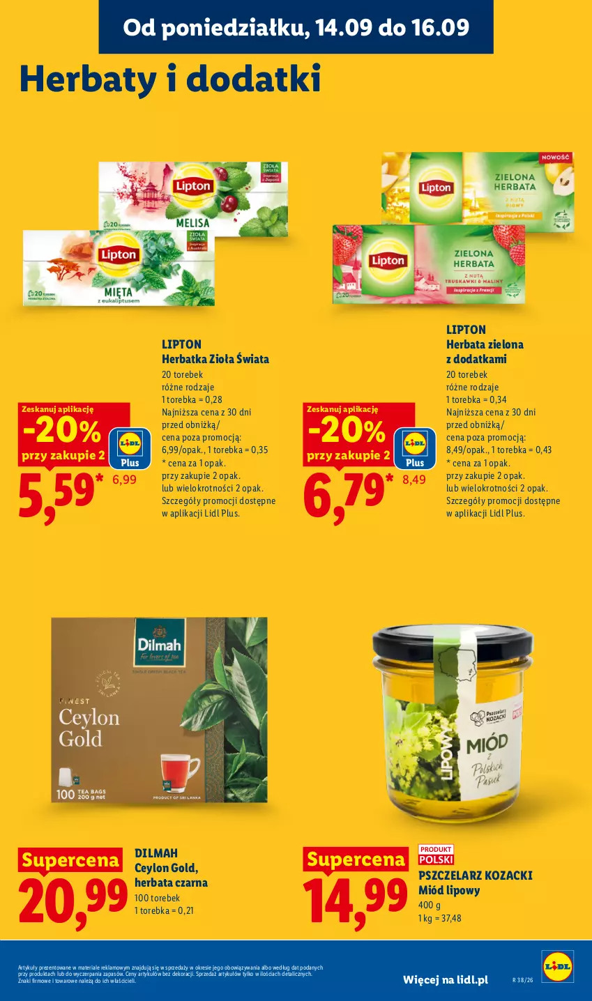 Gazetka promocyjna Lidl - Gazetka ważna od 14.09 do 16.09 - ważna 14.09 do 16.09.2026 - strona 67 - produkty: Dilmah, Herbata, Herbata czarna, Lipton, Miód, Torebka