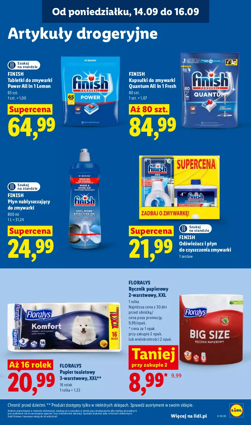Gazetka promocyjna Lidl - Gazetka ważna od 14.09 do 16.09 - ważna 14.09 do 16.09.2026 - strona 77 - produkty: Finish, Flora, Papier, Papier toaletowy, Płyn nabłyszczający, Ręcznik, Tablet, Tabletki do zmywarki, Zmywarki