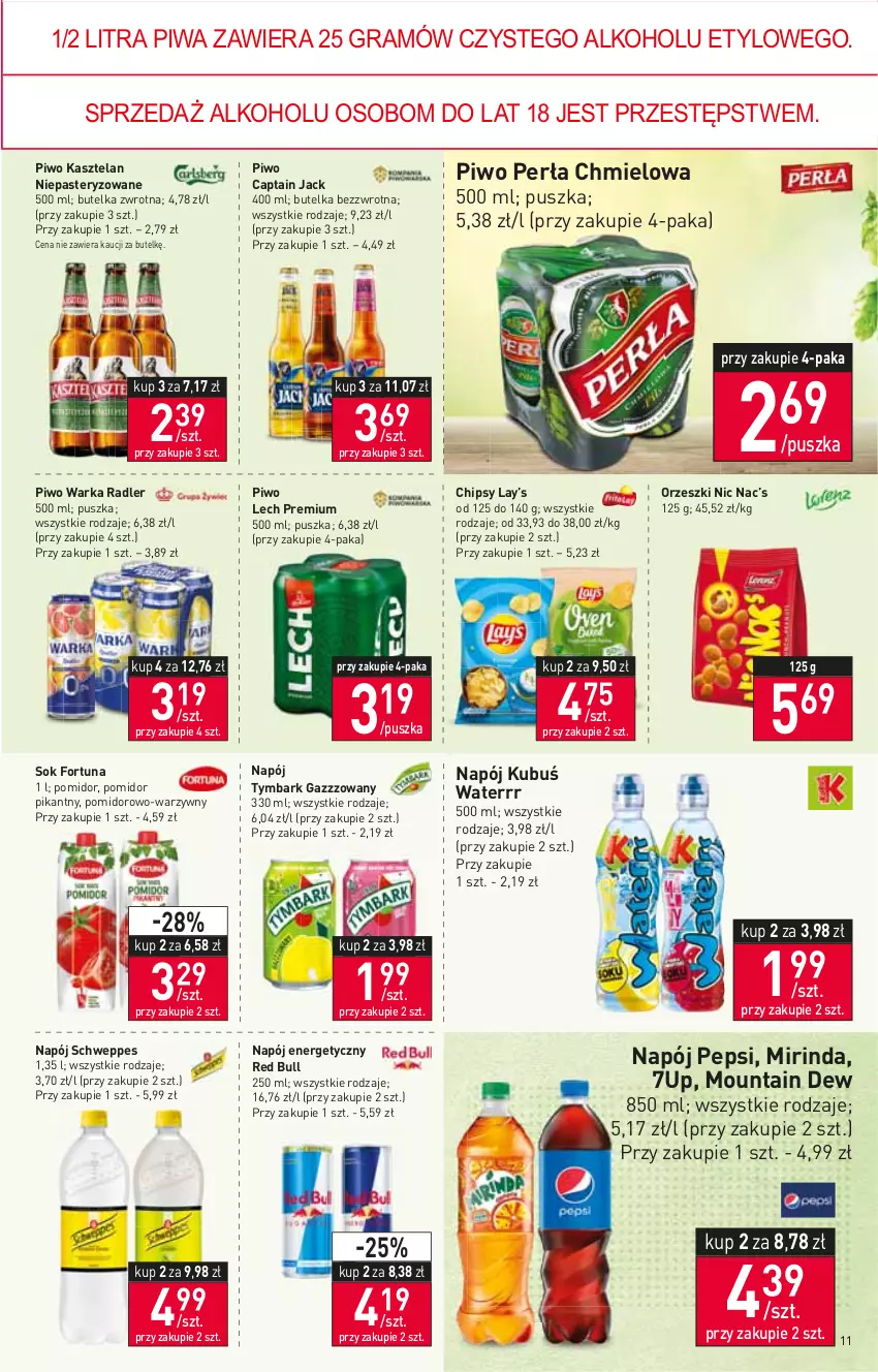 Gazetka promocyjna Stokrotka - Supermarket - ważna 30.06 do 06.07.2022 - strona 11 - produkty: 7up, Captain Jack, Chipsy, Fortuna, Gra, Kasztelan, Kubuś, Kubuś Waterrr, Lay’s, Lech Premium, Mirinda, Napój, Napój energetyczny, Orzeszki, Pepsi, Perła, Piwa, Piwo, Radler, Red Bull, Schweppes, Sok, Tymbark, Warka