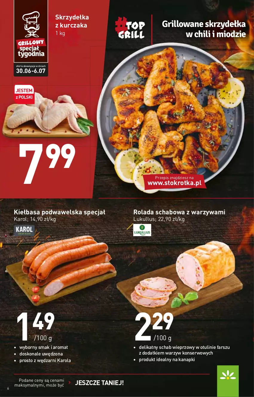 Gazetka promocyjna Stokrotka - Supermarket - ważna 30.06 do 06.07.2022 - strona 6 - produkty: Fa, Kiełbasa, Kiełbasa podwawelska, Kurczak, Rolada, Schab wieprzowy, Ser, Skrzydełka z kurczaka, Warzywa, Wawel