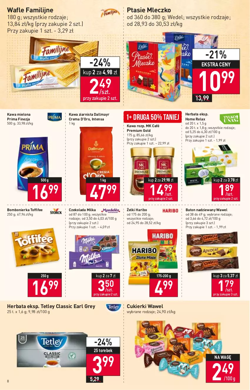 Gazetka promocyjna Stokrotka - Supermarket - ważna 30.06 do 06.07.2022 - strona 8 - produkty: Baton, Cukier, Cukierki, Czekolada, Dallmayr, Earl Grey, Fa, Haribo, Herbata, Kawa, Kawa mielona, Kawa ziarnista, Milka, Mleczko, Prima, Ptasie mleczko, Tetley, Toffifee, Wafle, Wawel