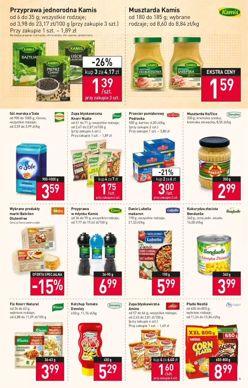 Gazetka promocyjna Stokrotka - Supermarket - ważna 30.06 do 06.07.2022 - strona 9 - produkty: Bell, Bella, Bonduelle, Cenos, Kamis, Ketchup, Knorr, Kukurydza, Lubella, Makaron, Mus, Musztarda, Nestlé, Podravka, Sól, Zupa