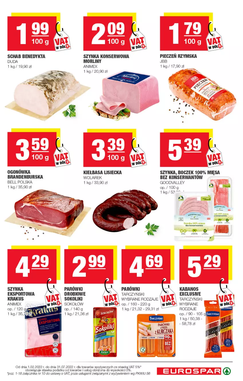 Gazetka promocyjna Spar - EuroSpar - ważna 02.03 do 12.03.2022 - strona 9 - produkty: Bell, Boczek, Duda, Kabanos, Kiełbasa, Krakus, Kurczak, Morliny, Ogonówka, Parówki, Piec, Pieczeń rzymska, Por, Schab Benedykta, Ser, Sok, Sokołów, Sport, Szynka, Szynka konserwowa, Tarczyński