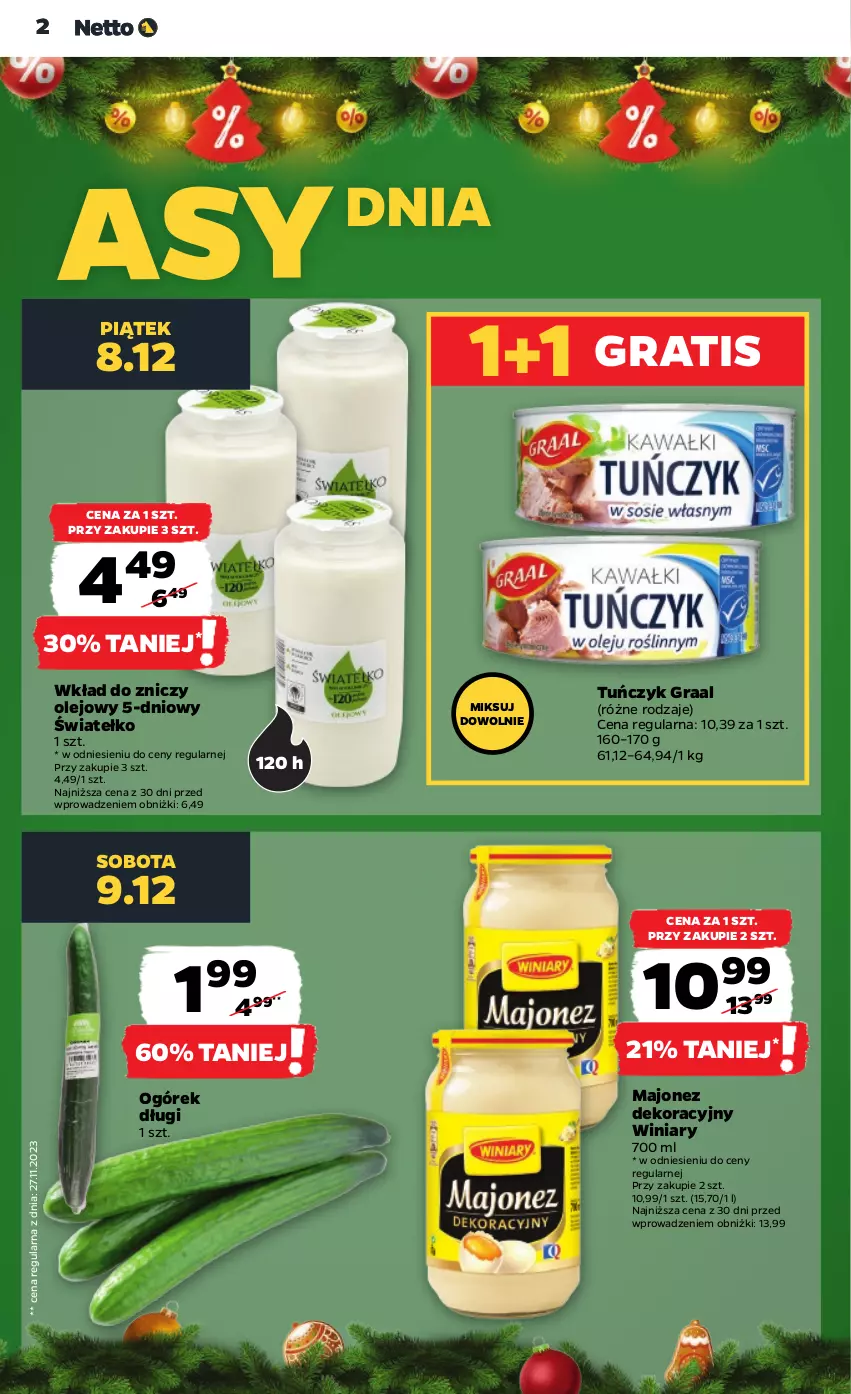 Gazetka promocyjna Netto - Artykuły spożywcze - ważna 07.12 do 13.12.2023 - strona 2 - produkty: Gra, Graal, Majonez, Ogórek, Olej, Tuńczyk, Winiary, Znicz