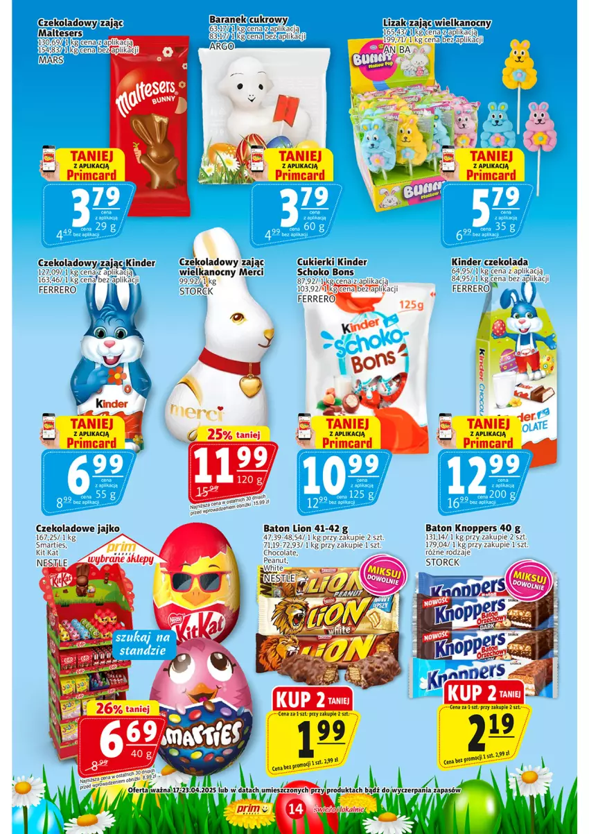 Gazetka promocyjna Prim Market - ważna 17.04 do 23.04.2025 - strona 14 - produkty: Baton, Cukier, Cukierki, Czekolada, Fa, Ferrero, Kinder, Knoppers, Lion, Merci