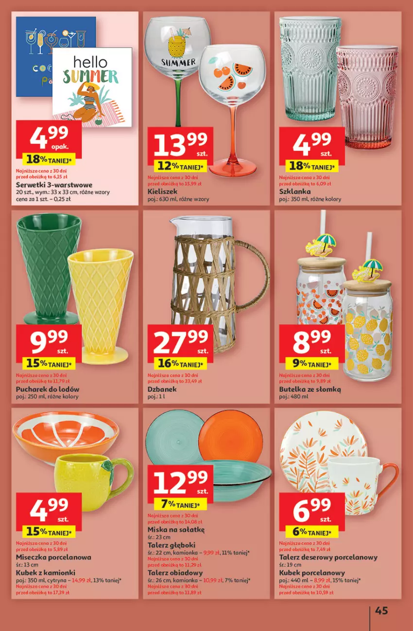 Gazetka promocyjna Auchan - JAK PRAGNĘ LATA Hipermarket - ważna 20.06 do 25.06.2025 - strona 49 - produkty: Deser, Dzbanek, Kieliszek, Kubek, Miseczka, Miska, Por, Sałat, Ser, Serwetki, Szklanka, Talerz, Talerz deserowy, Talerz głęboki, Talerz obiadowy