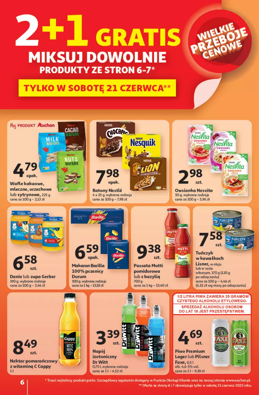 Gazetka promocyjna Auchan - JAK PRAGNĘ LATA Hipermarket - ważna 20.06 do 25.06.2025 - strona 6 - produkty: Barilla, Baton, Bazyl, Cappy, Fa, Gerber, Kakao, Kawa, Lisner, Makaron, Napój, Nektar, Olej, Owsianka, Piwo, Rum, Sos, Tuńczyk, Wafle, Zupa