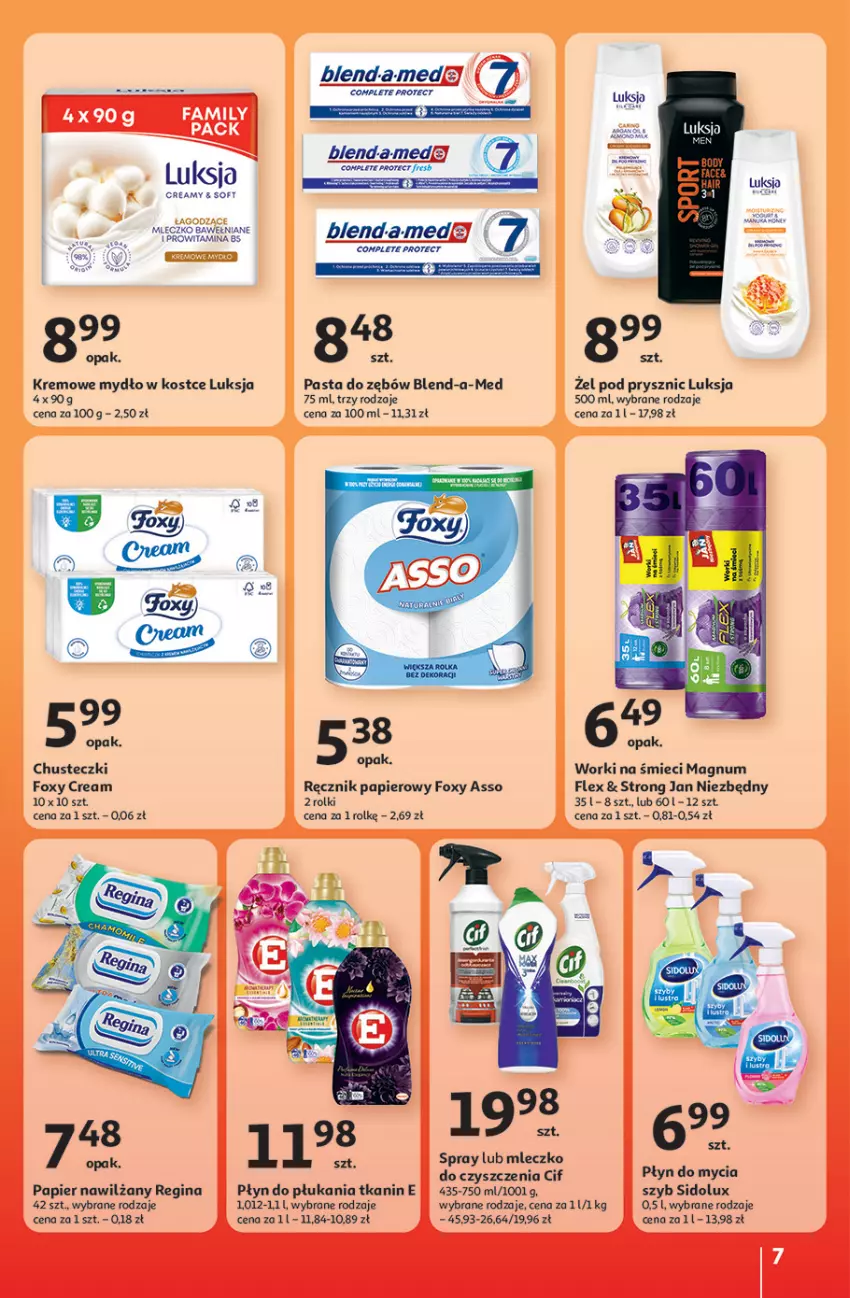 Gazetka promocyjna Auchan - JAK PRAGNĘ LATA Hipermarket - ważna 20.06 do 25.06.2025 - strona 7 - produkty: Blend-a-Med, Chusteczki, Cif, Fa, Foxy, Gin, Jan Niezbędny, Luksja, Mleczko, Mydło, Papier, Płyn do mycia, Płyn do płukania, Ręcznik, Sidolux, Worki na śmiec, Worki na śmieci