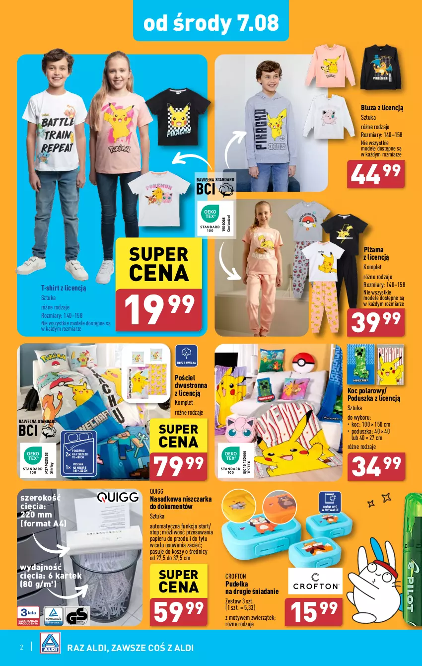 Gazetka promocyjna Aldi - Szkolna wyprawka w SUPER CENACH - ważna 07.08 do 14.08.2024 - strona 2 - produkty: Bluza, Koc, Kosz, Niszczarka, Papier, Piżama, Poduszka, Pościel, Pościel dwustronna, T-shirt, Top, Wełna