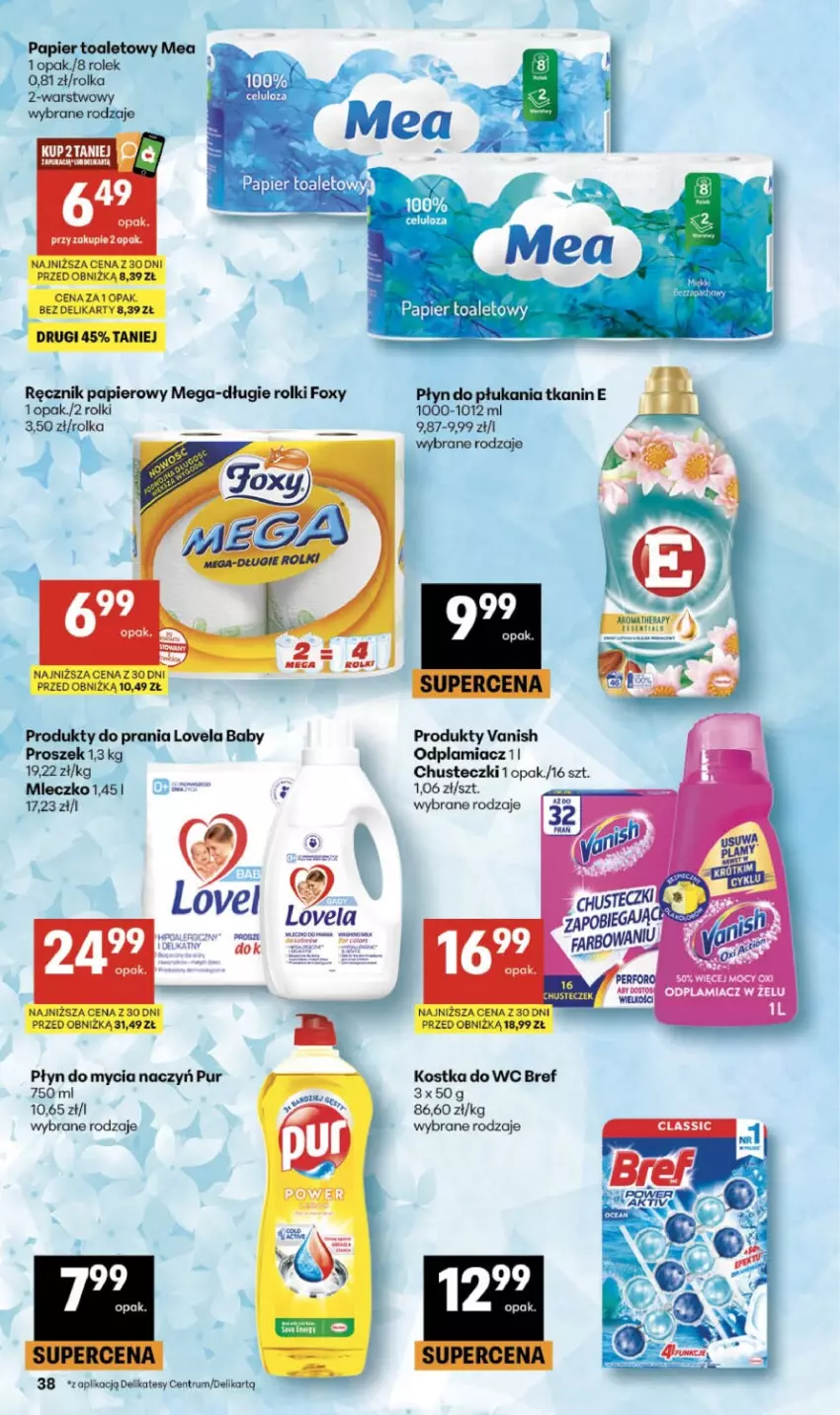 Gazetka promocyjna Delikatesy Centrum - Franczyza DC21 Czwartek - ważna 21.05 do 27.05.2026 - strona 38 - produkty: AEG, Bref, Chusteczki, Do mycia naczyń, Foxy, Kostka do wc, Lovela, Mleczko, Odplamiacz, Papier, Papier toaletowy, Płyn do mycia, Płyn do mycia naczyń, Płyn do płukania, Pur, Ręcznik, Rolki, Rum, Vanish