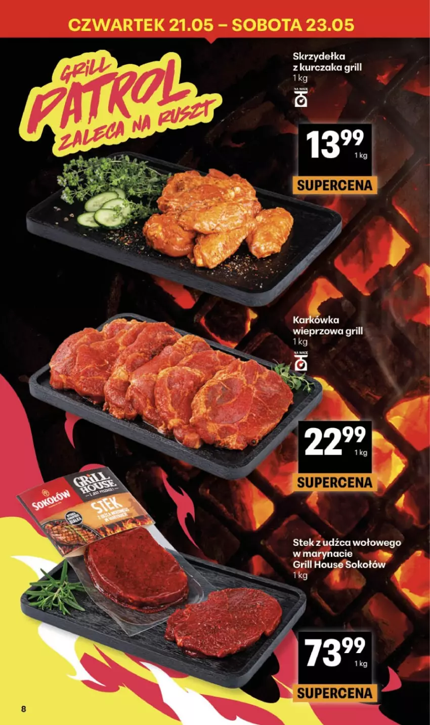 Gazetka promocyjna Delikatesy Centrum - Franczyza DC21 Czwartek - ważna 21.05 do 27.05.2026 - strona 8 - produkty: Grill, Kurczak, Skrzydełka z kurczaka, Sok, Sokołów, Stek, Stek z udźca wołowego