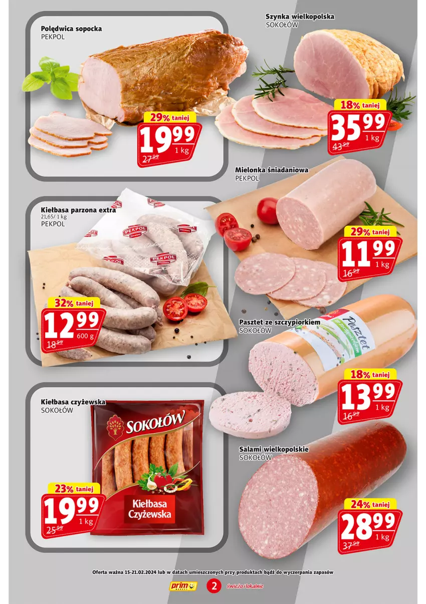 Gazetka promocyjna Prim Market - ważna 15.02 do 21.02.2024 - strona 2 - produkty: Danio, Kiełbasa, Pasztet, Pekpol, Polędwica, Sok, Sokołów, Szynka