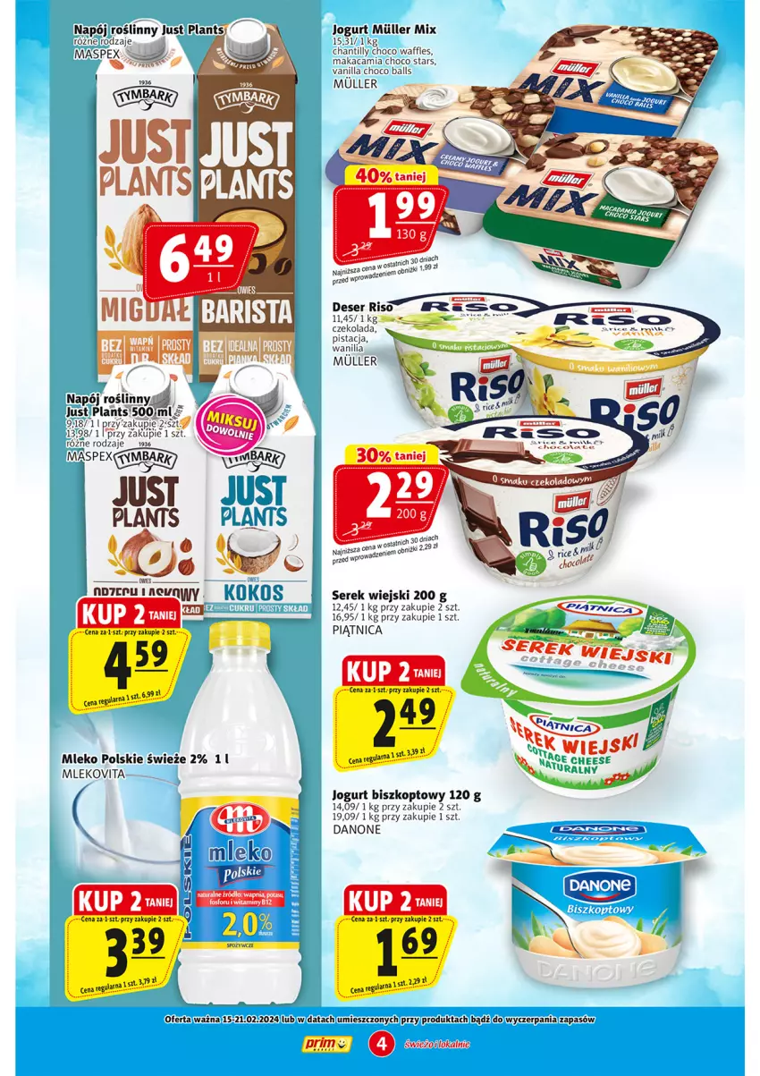 Gazetka promocyjna Prim Market - ważna 15.02 do 21.02.2024 - strona 4 - produkty: Czekolada, Danone, Deser, Jogurt, Mleko, Mlekovita, Napój, Napój roślinny, Piątnica, Ser, Serek, Serek wiejski