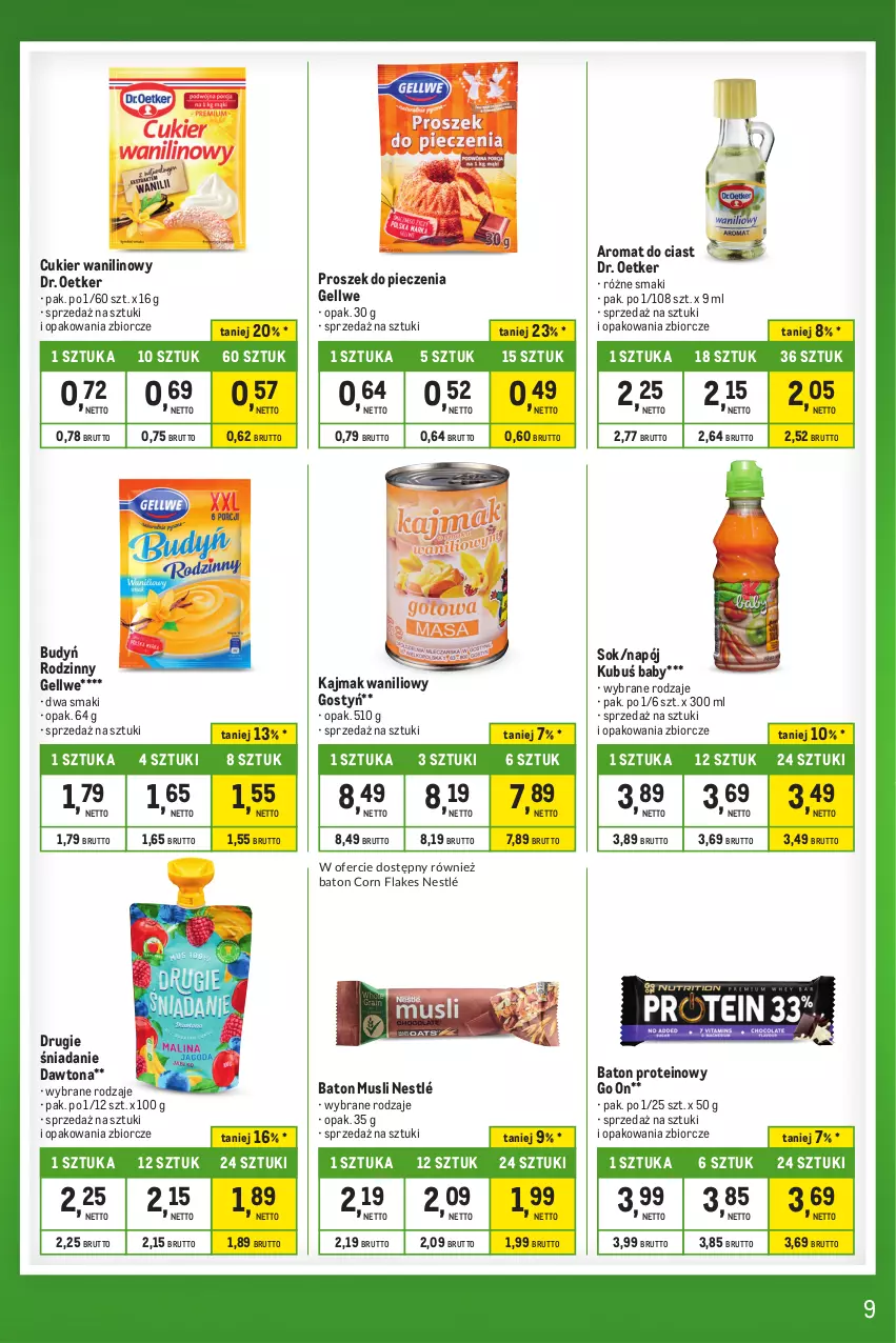 Gazetka promocyjna Makro - Kupujesz więcej płacisz mniej - ważna 28.11 do 24.12.2023 - strona 9 - produkty: Baton, Budyń, Corn flakes, Cukier, Cukier wanilinowy, Dawtona, Dr. Oetker, Kubuś, Mus, Napój, Nestlé, Piec, Proszek do pieczenia, Sok