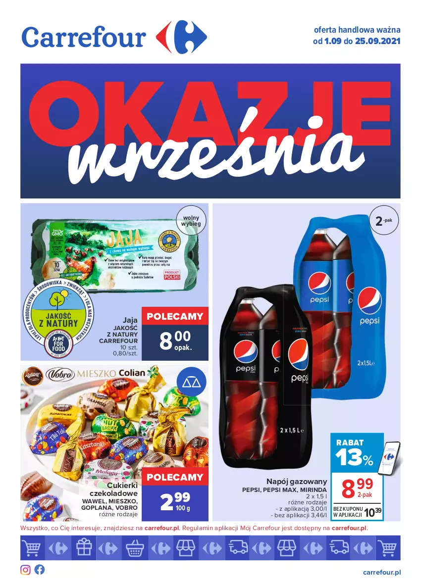 Gazetka promocyjna Carrefour - Gazetka Okazje września - ważna 31.08 do 25.09.2021 - strona 1 - produkty: Cukier, Cukierki, Cukierki czekoladowe, Goplana, Jaja, LANA, Mirinda, Napój, Napój gazowany, Pepsi, Pepsi max, Wawel