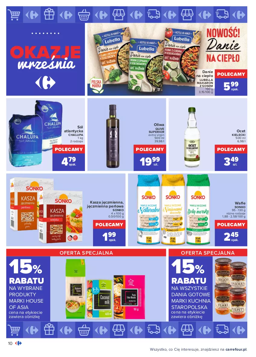 Gazetka promocyjna Carrefour - Gazetka Okazje września - ważna 31.08 do 25.09.2021 - strona 10 - produkty: Bell, Bella, Dania gotowe, Gin, House of Asia, Kasza, Kasza jęczmienna, Kuchnia, Kuchnia Staropolska, Lubella, Makaron, Makaron z sosem, Ocet, Sól, Sonko, Sos, Wafle