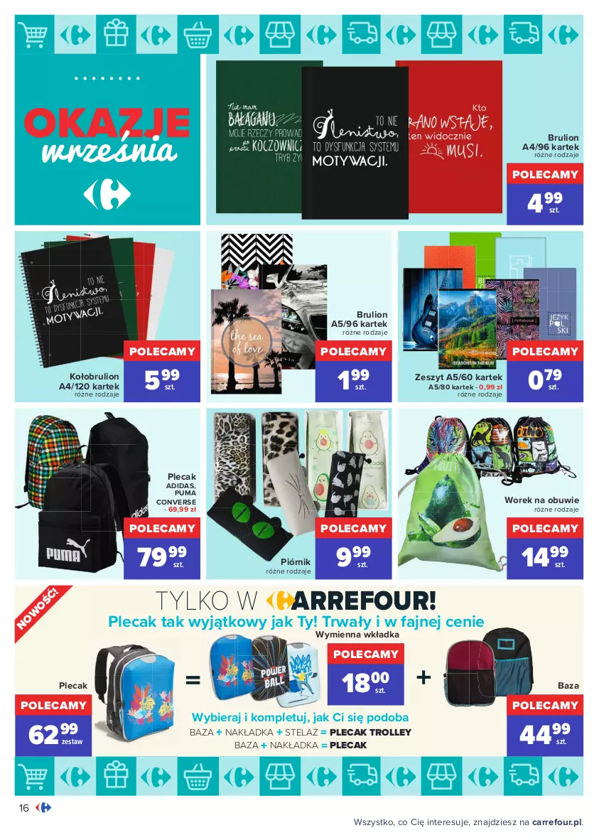 Gazetka promocyjna Carrefour - Gazetka Okazje września - ważna 31.08 do 25.09.2021 - strona 16 - produkty: Adidas, Fa, Lion, Obuwie, Piórnik, Plecak, Puma