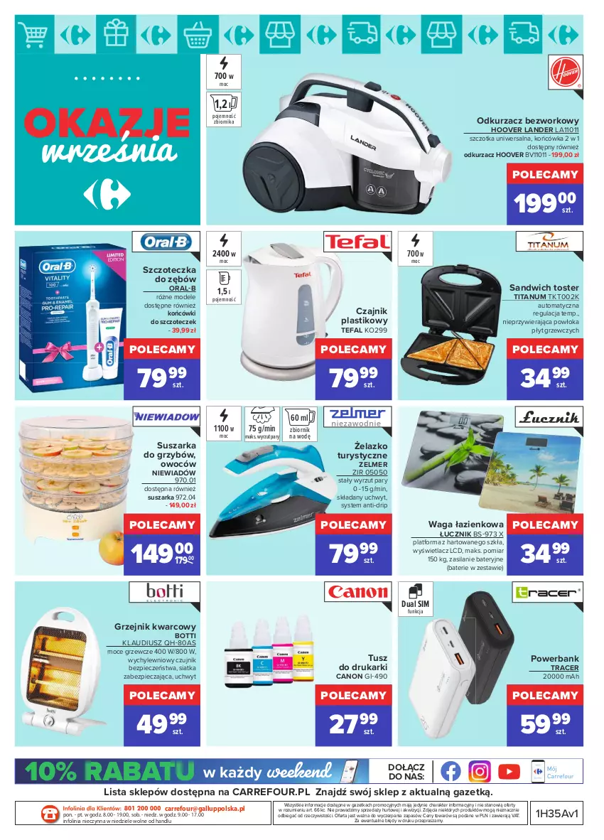 Gazetka promocyjna Carrefour - Gazetka Okazje września - ważna 31.08 do 25.09.2021 - strona 22 - produkty: Acer, Canon, Czajnik, Drukarki, Fa, Grzejnik, O nas, Odkurzacz, Piec, Powerbank, Siatka, Silan, Suszarka, Szczoteczka, Szczoteczka do zębów, Szczotka, Tefal, Toster, Tusz, Waga, Waga łazienkowa, Zelmer