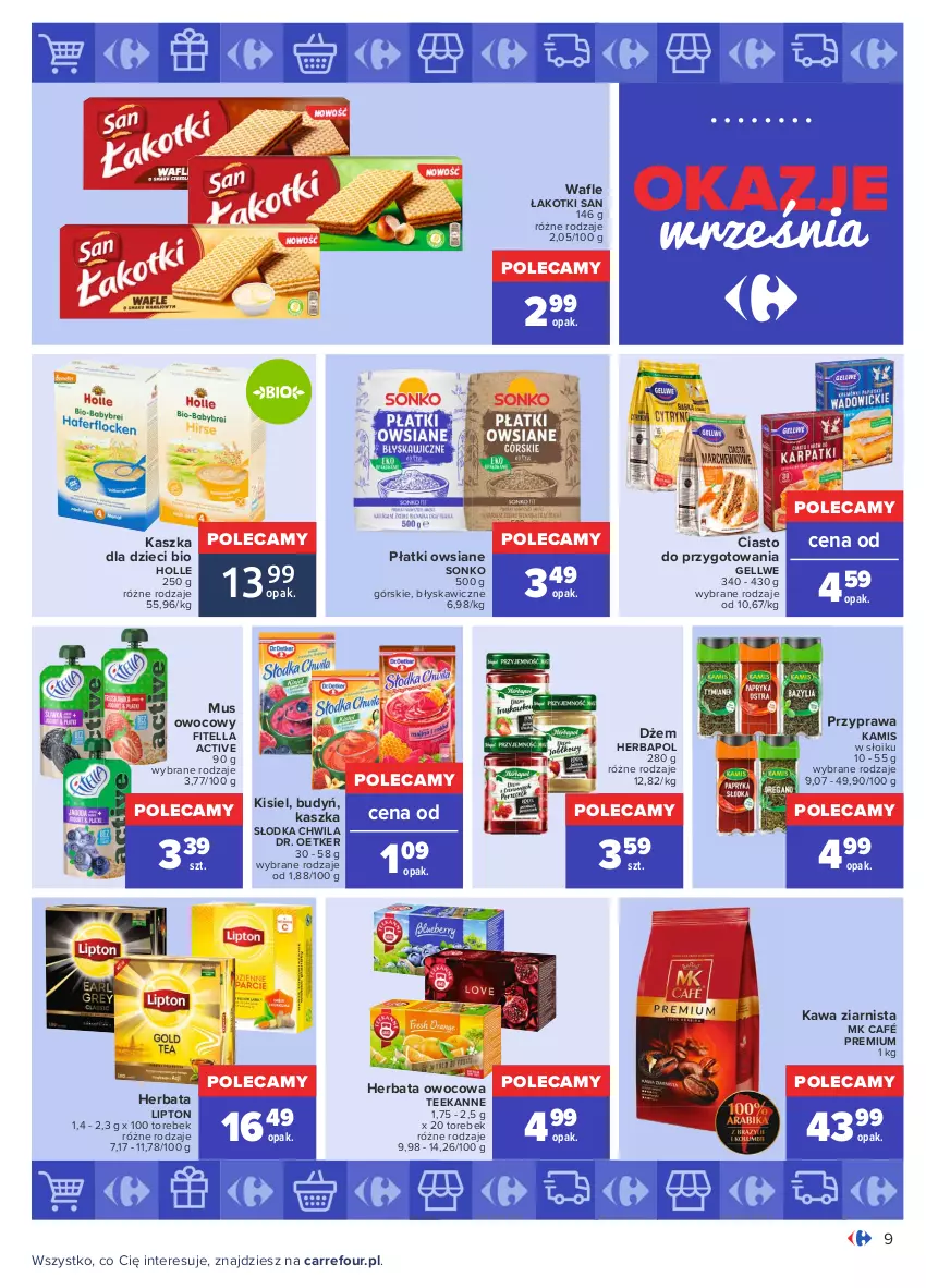 Gazetka promocyjna Carrefour - Gazetka Okazje września - ważna 31.08 do 25.09.2021 - strona 9 - produkty: Budyń, Dr. Oetker, Dżem, Dzieci, Herbapol, Herbata, Herbata owocowa, Holle, Kamis, Kawa, Kawa ziarnista, Kisiel, Lipton, Mus, Płatki owsiane, Słodka Chwila, Sonko, Teekanne, Wafle