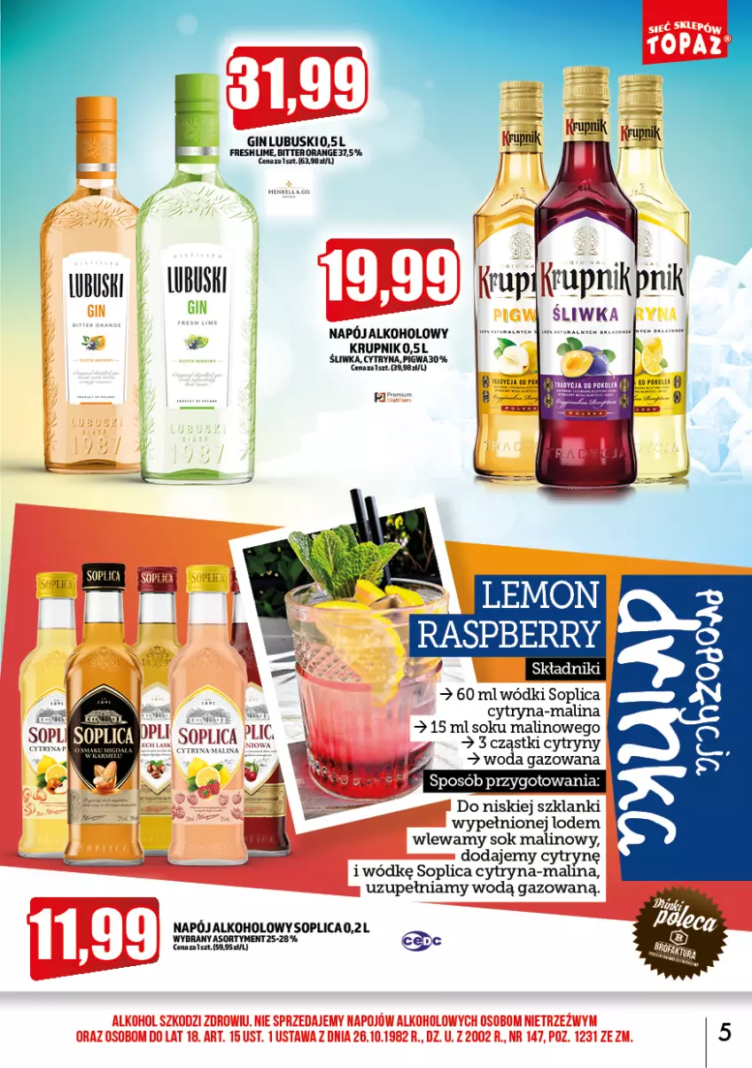 Gazetka promocyjna Topaz - Gazetka - ważna 01.06 do 30.06.2022 - strona 5 - produkty: Cytryny, Gin, Krupnik, Lanki, Napój, Sok, Soplica, Woda, Woda gazowana