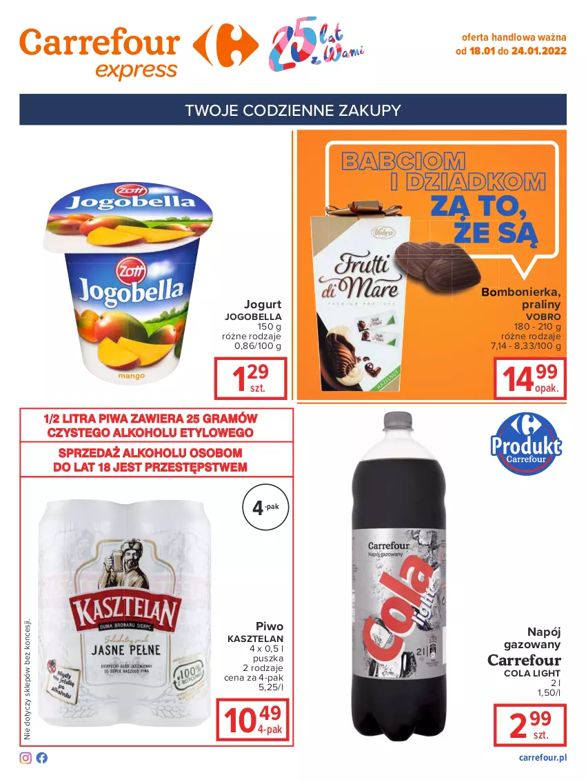 Gazetka promocyjna Carrefour - Gazetka Express - ważna 18.01 do 24.01.2022 - strona 2 - produkty: Bell, Bella, Gra, Jogobella, Jogurt, Kasztelan, Napój, Napój gazowany, Piwa, Piwo, Praliny