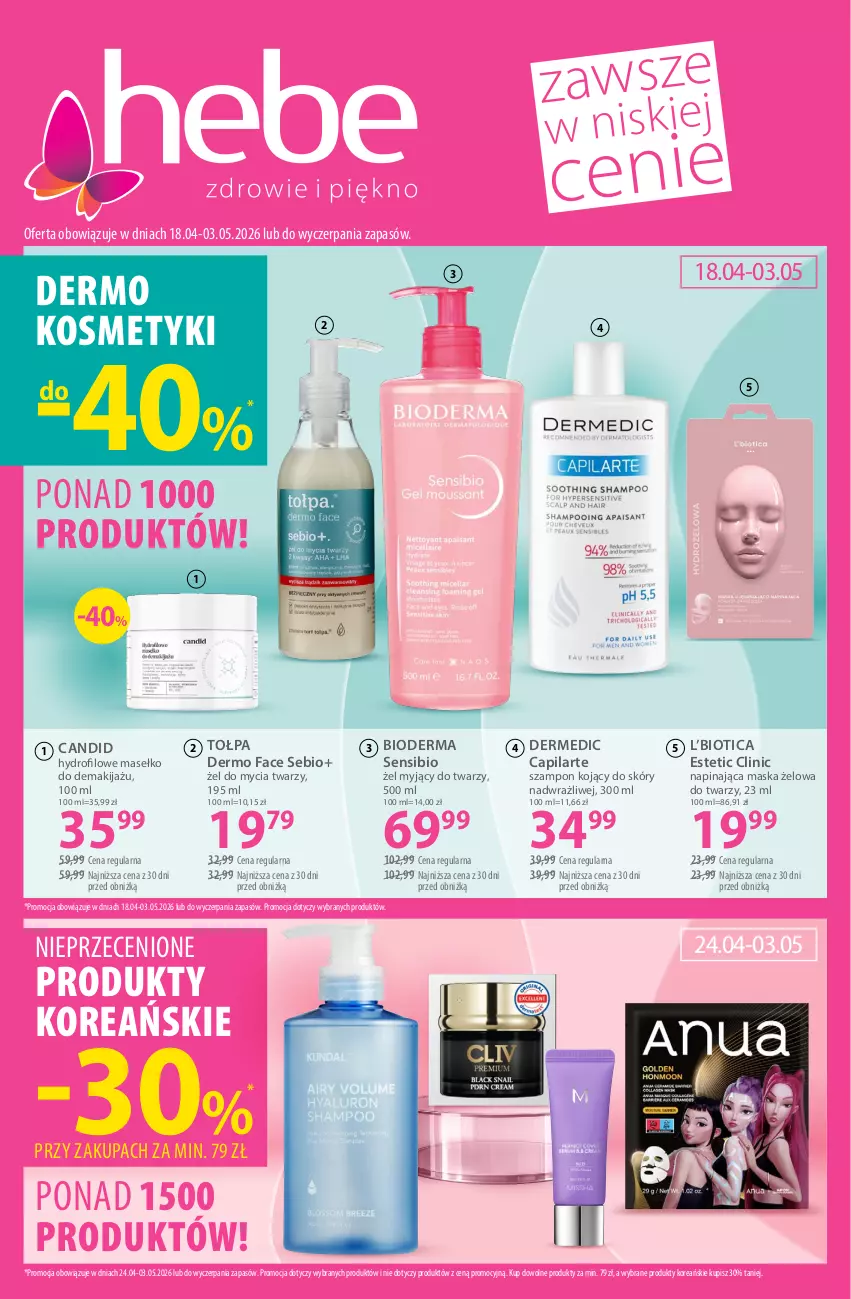 Gazetka promocyjna Hebe - Gazetka - ważna 18.04 do 03.05.2026 - strona 1 - produkty: Bioderma, Capilarte, Clin, Dermedic, Fa, Makijaż, Maska, Szampon, Tołpa