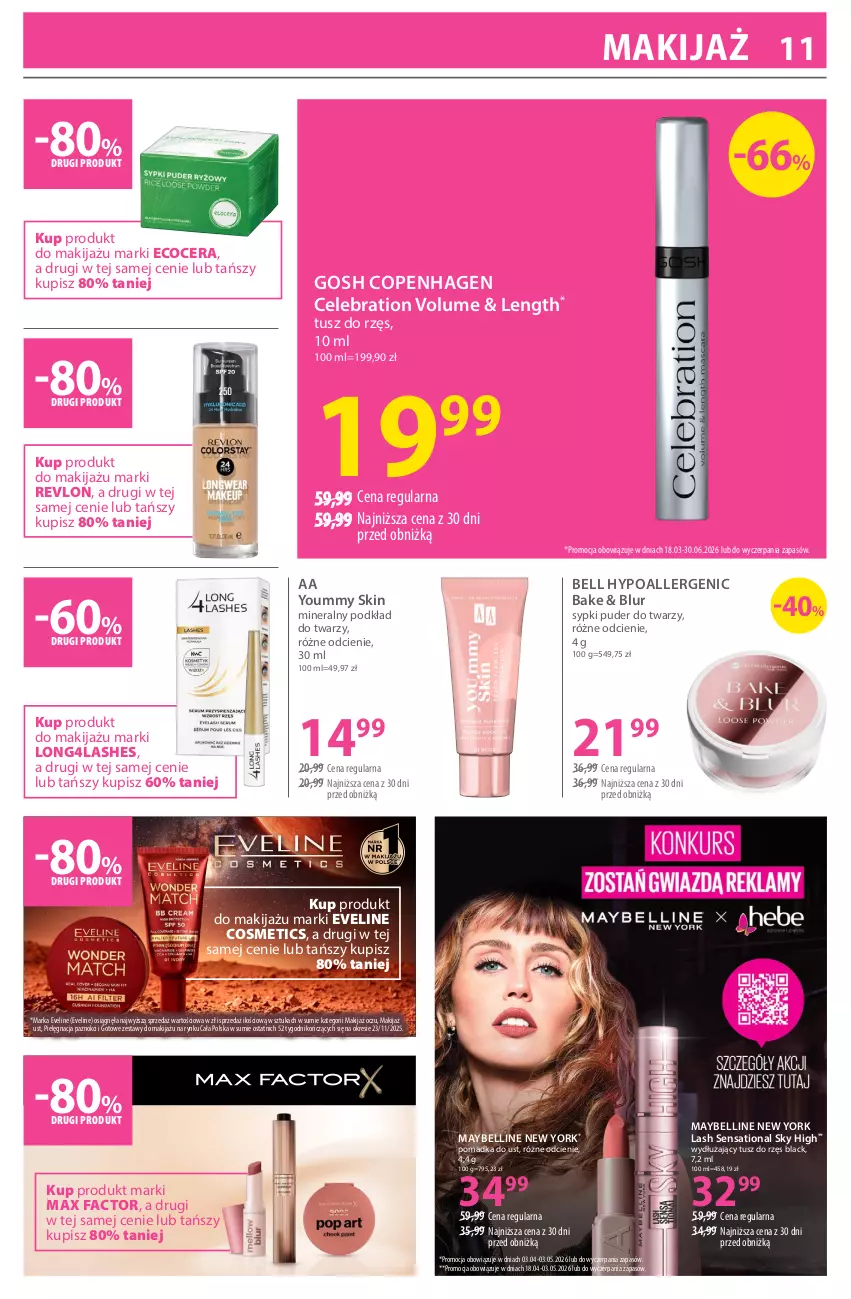 Gazetka promocyjna Hebe - Gazetka - ważna 18.04 do 03.05.2026 - strona 11 - produkty: Bell, Bell HypoAllergenic, Eveline, Fa, Gosh, Lack, Makijaż, Max Factor, Maybelline, Podkład, Podkład do twarzy, Puder, Puder do twarzy, Revlon, Sati, Tusz