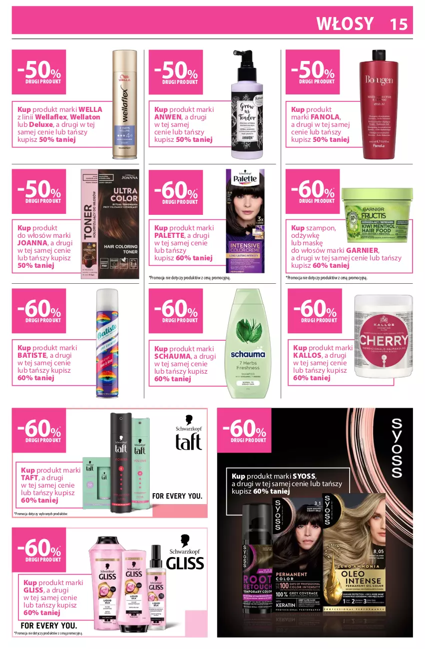 Gazetka promocyjna Hebe - Gazetka - ważna 18.04 do 03.05.2026 - strona 15 - produkty: Batiste, Fa, Garnier, Joanna, Kallos, Palette, Schauma, Syoss, Szampon, Taft, Wella, Wellaflex